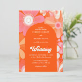 レトロの溝状オレンジ色の黄色とピンクの花 招待状 (スタンド正面)