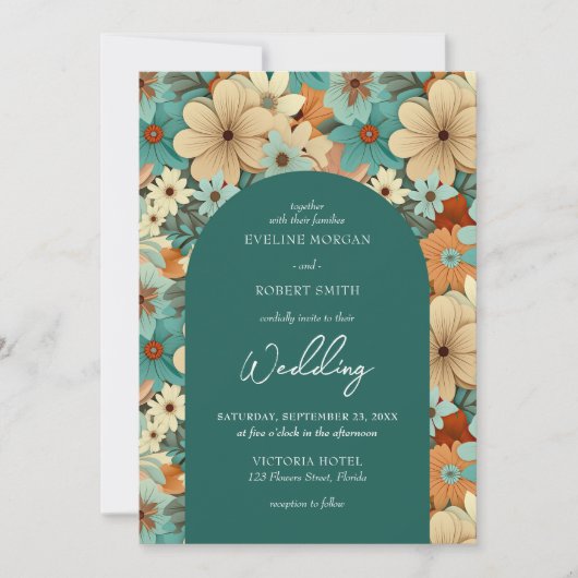 レトロの溝状ターコイズクリーム淡い色のオレンジ色の花 招待状 (正面)