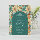 レトロの溝状ターコイズクリーム淡い色のオレンジ色の花 招待状 (スタンド正面)