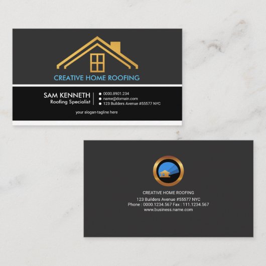 レトロの灰色はコラムの金ゴールドの家の屋根葺き職人を影で覆います 名刺 (正面/裏面)