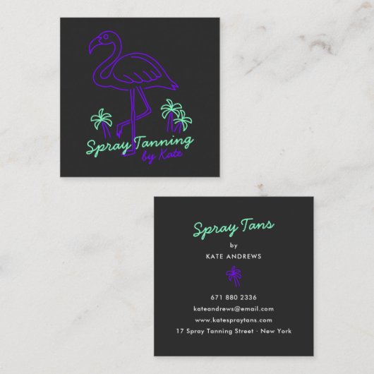 レトロの熱帯パープルフラミンゴヤシの木のラインアート スクエア名刺 (正面/裏面)