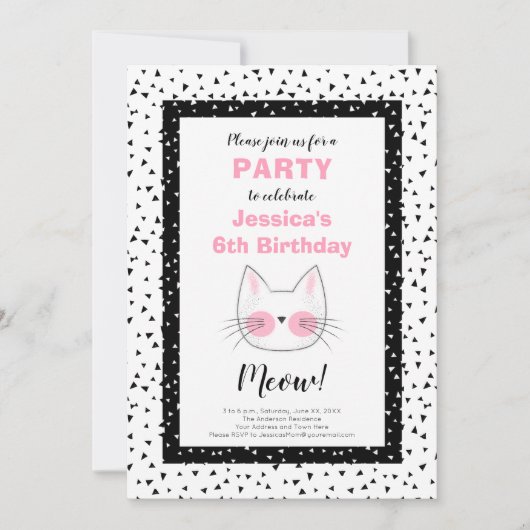 レトロの猫を愛する女の子のための第6誕生会 案内状 (正面)