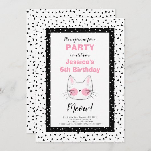 レトロの猫を愛する女の子のための第6誕生会 案内状 (正面/裏面)