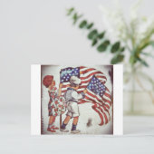 レトロの男の子と女の子を振るフラグ ポストカード (スタンド正面)