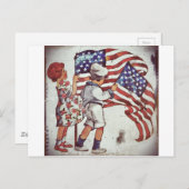 レトロの男の子と女の子を振るフラグ ポストカード (正面/裏面)