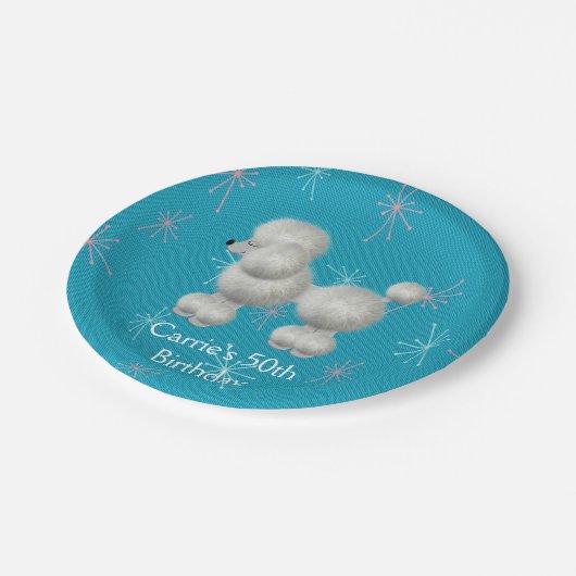 レトロの白いプードルのカスタムな誕生日の紙皿 ペーパープレート (アングル)