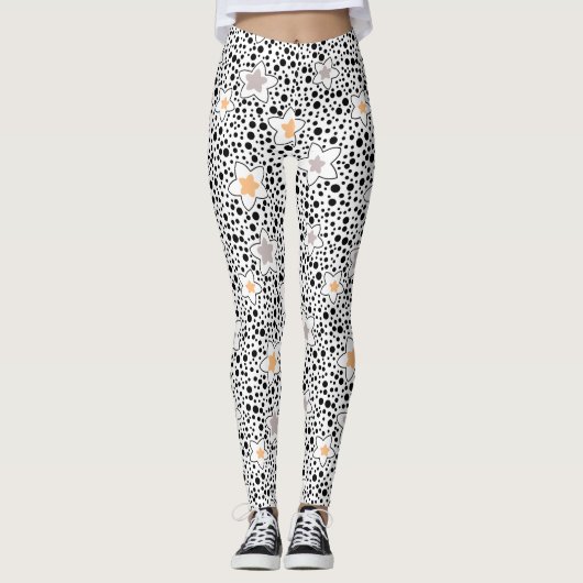 レトロの白黒の水玉模様と星 レギンス (正面)