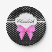 レトロの白黒の水玉模様のピンクの弓モノグラムの名前 ペーパープレート (正面)