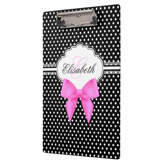 レトロの白黒水玉模様のピンクの弓モノグラム クリップボード (左)