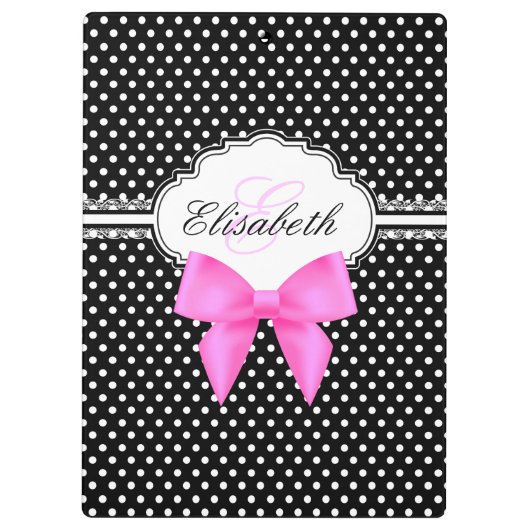 レトロの白黒水玉模様のピンクの弓モノグラム クリップボード (裏面)