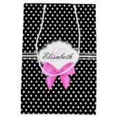 レトロの白黒水玉模様のピンクの弓名前 ミディアムペーパーバッグ (裏面)