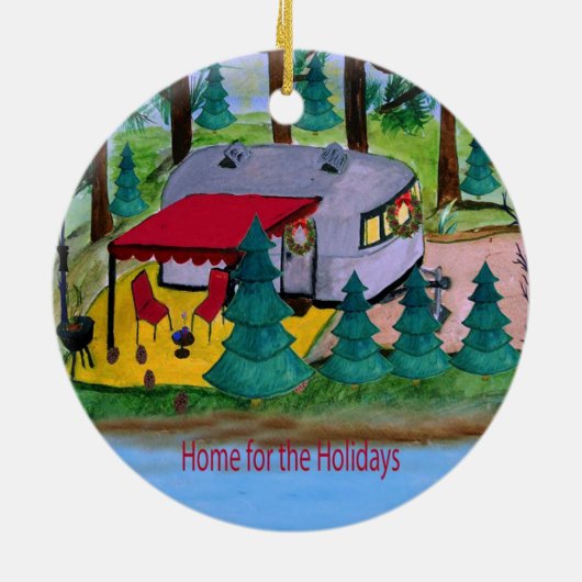 レトロの空気の流れのキャンパー湖のクリスマスホーン セラミックオーナメント (裏面)