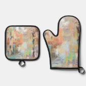 レトロの素朴な黄色、桃、トープ、灰色、シアン絵画の 鍋つかみ&鍋敷きセット (正面)