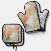 レトロの素朴な黄色、桃、トープ、灰色、シアン絵画の 鍋つかみ&鍋敷きセット (正面/裏面)