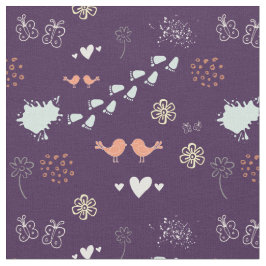 レトロの紫とカラフルの鳥の模様や点 ファブリック
