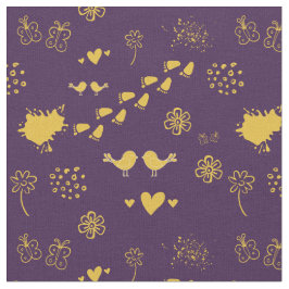 レトロの紫と黄色の鳥の模様や点 ファブリック