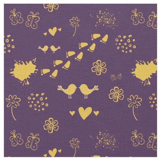 レトロの紫と黄色の鳥の模様や点 ファブリック (クローズアップ)
