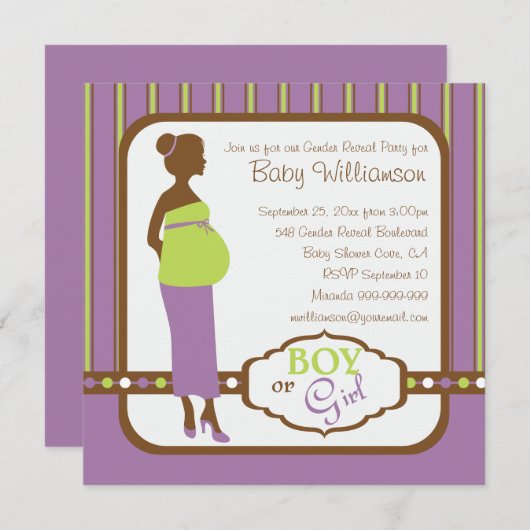 レトロの紫色および緑のベビーの性はパーティーを明らかにします 招待状 (正面/裏面)