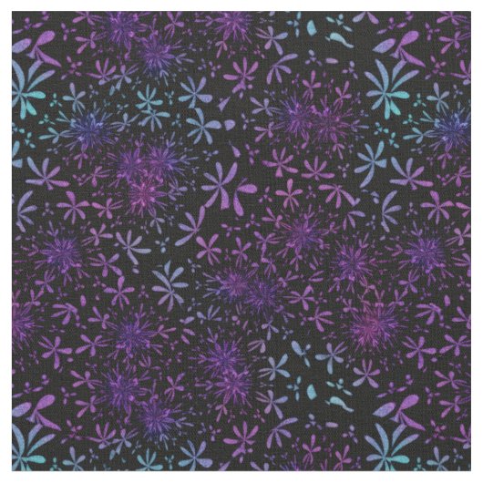 レトロの紫色のターコイズの花柄のろうけつ染め ファブリック (クローズアップ)