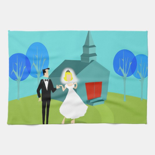 レトロの結婚式のカップルの台所タオル キッチンタオル (横)
