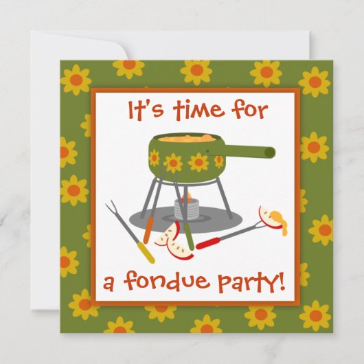 レトロの緑およびオレンジデイジーのフォンデュのパーティー 招待状 (正面)