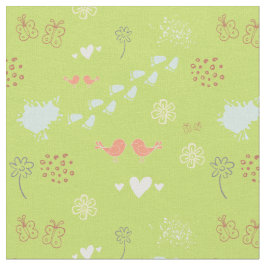 レトロの緑のカラフルのパターン鳥、ドット、足 ファブリック