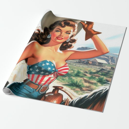 レトロの美しい女性のカーボーイのピンアップ ラッピングペーパー (アンロールド)