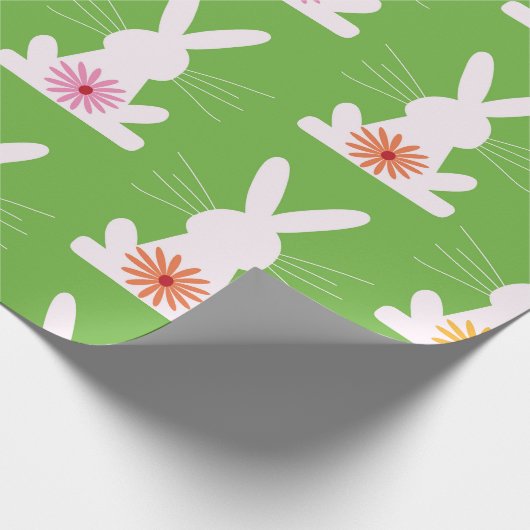 レトロの花が幾何学的な白いウサギ ラッピングペーパー (角)