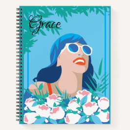 レトロの花と太陽の女性 ノートブック