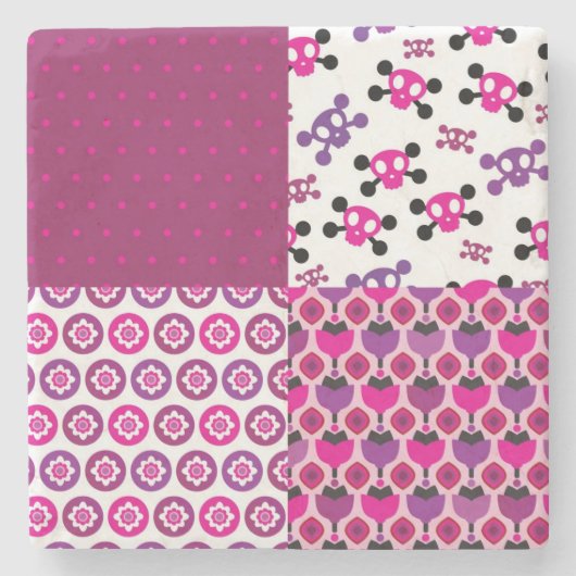 レトロの花のスカルの水玉模様 ストーンコースター (正面)