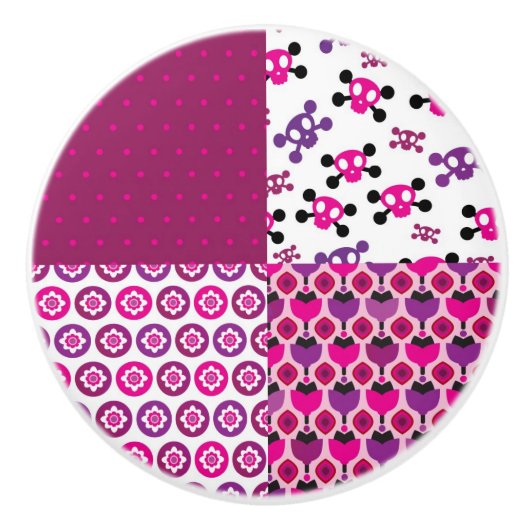 レトロの花のスカルの水玉模様 セラミックノブ (正面)