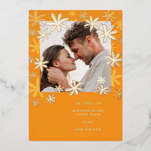 レトロの花の日付を保存 箔招待状 (正面)