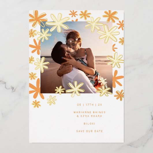 レトロの花の日付を保存 箔招待状 (正面)