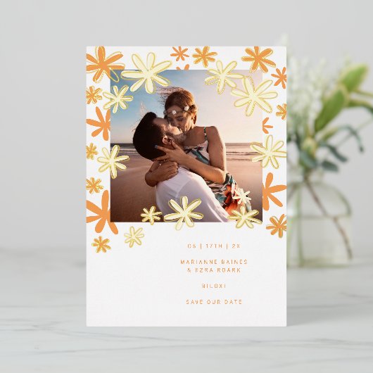 レトロの花の日付を保存 箔招待状 (立ち正面)