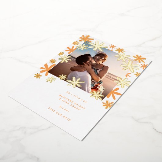 レトロの花の日付を保存 箔招待状 (回転した状態)