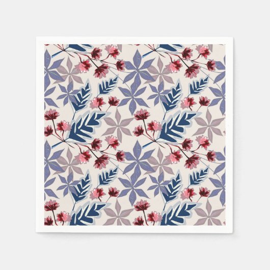 レトロの花の模様で、ピンク色の花が咲く スタンダードカクテルナプキン (正面)