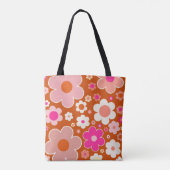 レトロの花の模様オレンジ色ピーチピンクフローラ トートバッグ (裏面)