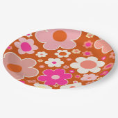 レトロの花の模様オレンジ色ピーチピンクフローラ ペーパープレート (アングル)