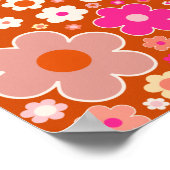 レトロの花の模様オレンジ色ピーチピンクフローラ ポスター (角)