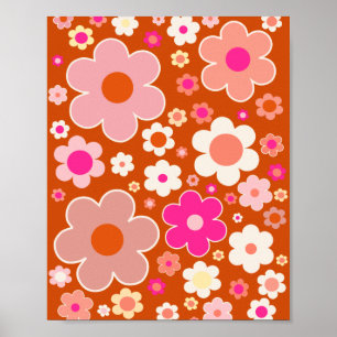 レトロの花の模様オレンジ色ピーチピンクフローラ ポスター