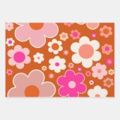 レトロの花の模様オレンジ色ピーチピンクフローラ ラッピングペーパーシート (正面3)