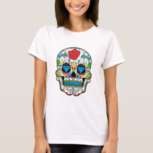 レトロの花の砂糖のスカルの赤いバラ Tシャツ