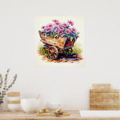 レトロの花を木製のワゴンで ポスター (キッチン)