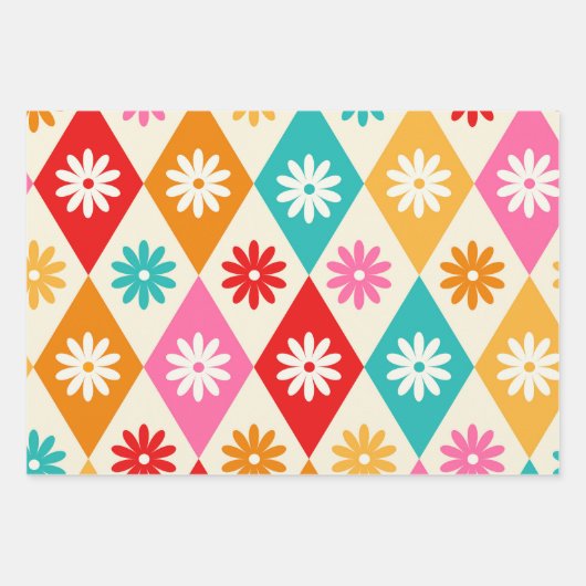 レトロの花オンカラフルヴィンテージ ラッピングペーパーシート (正面3)