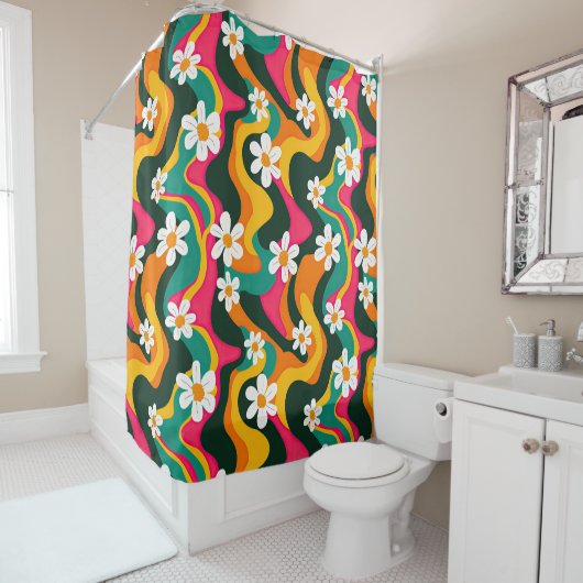 レトロの花カラフルのパタトリップ(幻覚体験)のようなーン シャワーカーテン (インサイチュ)