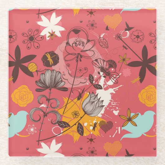 レトロの花パターン4 ガラスコースター (正面)