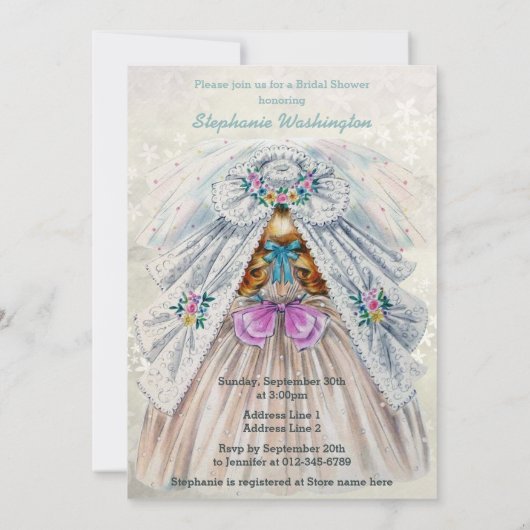 レトロの花嫁のブライダルシャワーの前部背部倍は味方しました 招待状 (裏面)