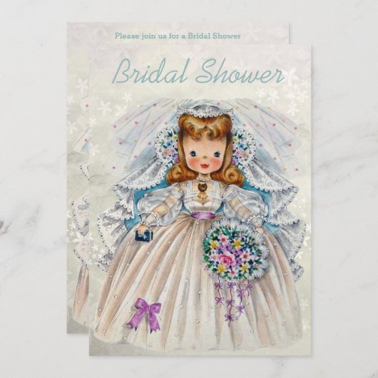 レトロの花嫁のブライダルシャワーの前部背部倍は味方しました 招待状 (正面/裏面)