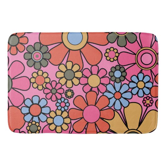 レトロの花60s 70s明るい花柄ピンク バスマット (正面)