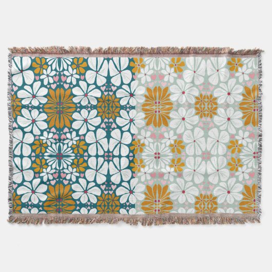 レトロの花70s溝状グリーンブランケット スローブランケット (正面)